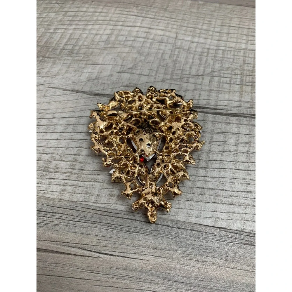 Set of 3 Red Rhinestone Gold Tone‎ Filigree Brooches Floral Heart Crystal Pins